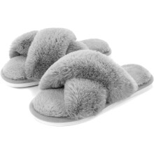 Damespantoffels met pluizige details, pantoffels met kruisband, zachte pluche pantoffels voor binnen en buiten, open teenslippers