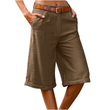 Pantaloncini da donna a gamba larga in cotone e lino 2025 Comodi bermuda con cerniera Pantaloncini estivi casual Pantaloncini larghi al ginocchio
