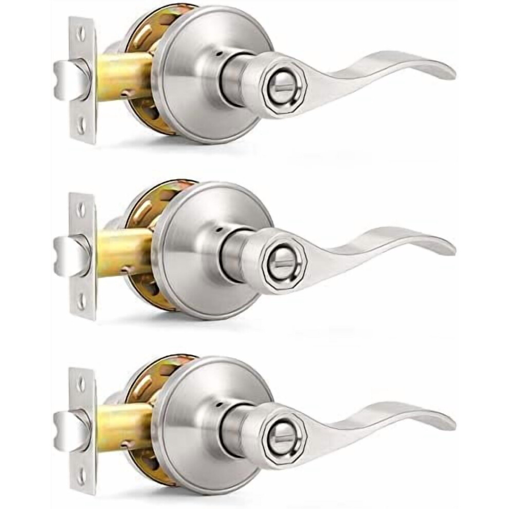 Satin Nickel Wave Style Privacy Door Levers Bath/Bed Door Handles, Interior Keyless Door Locksets, 3 Pack 9327961507050