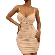 Khakifarbenes, halbformelles Wickelkleid mit V-Ausschnitt, offenem Rücken und Falten für Damen – Elegantes, figurbetontes