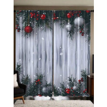 Themed Curtains with Wood Grain, Green Pine & Snowflakes for Living Room, Bedroom, Holiday Party Decor, Machine Washable
