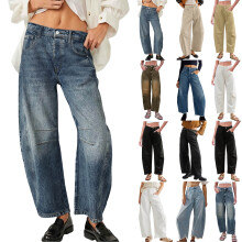 2025 Neue Mid Rise Damen-Jeans, Stretch-Leggings, weites Bein, mittelhoher Bund, 20W Damenhose, Cropped