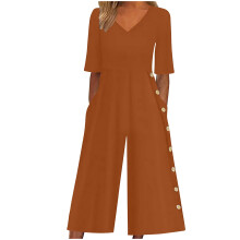 Salopete pentru femei, vară, casual, la modă și confortabile, culoare solidă, mânecă scurtă, decolteu în V, culoare cafea, XL