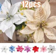 12 piezas de flores de Nochebuena con purpurina, flores artificiales para Navidad, bodas, árboles de Navidad y adornos de Año Nuevo.