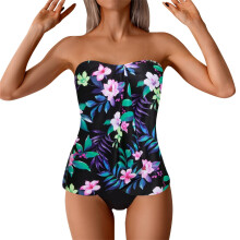 Tankini badedragter til kvinder stropløs polstret push-up badetøj trendy blomster slankende bikini bandeau 2-delt badedragt