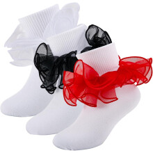 3Pairs Girls Ruffle Socks Toddler Double Lace Sock Turn Cuff Frilly Dress Socks Pageant with Ruffles Little Baby Girl Kids