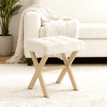 Linen Makeup Stool with Metal X Legs Beige