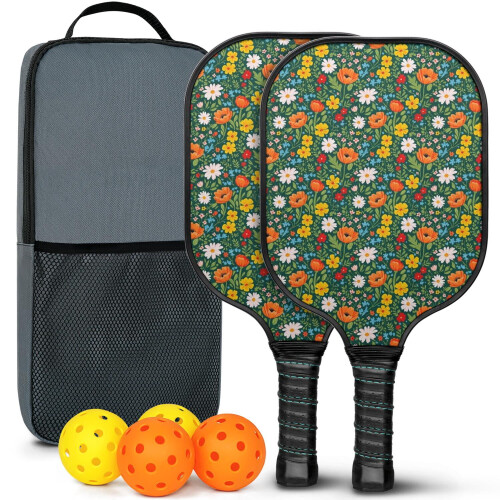 Σετ κουπιών Pickleball από fiberglass με λουλούδια και 2 μπάλες και τσάντα – Συμβατό με