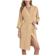 Cămașă de noapte pentru femei, stil înfășurat, cu curea, cu mâneci 7/8, poliester, spandex, fleece periat, căptușeală din flanel, mărime