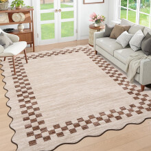 Tapis d'intérieur 5x7 à carreaux géométriques festonnés, lavable, antitache, à poils courts et antidérapant, idéal pour le salon ou la