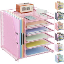 Roze papierorganizer met 6 lagen, inclusief tijdschriftenhouder, bureau- en dossierorganizer voor het opbergen van kantoorbenodigdheden.