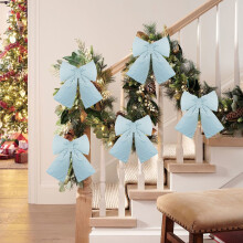 Ankereame Blue Velvet Christmas Bow Decoration - 5.5x4.9 Inch Easy-Hang Polyester Bow for Tree, Gift Wrapping & Holiday Home Decor