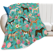Plaid en flanelle rose à motif chevaux et fleurs – Doux, chaud, 127 x 102 cm – Idéal pour les filles, les femmes et les enfants – Décoration