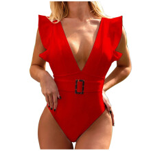Costum de baie dintr-o bucată sexy pentru femei, costum de baie sexy cu volane, fără spate, cu burete pentru piept, culoare solidă, set de plajă