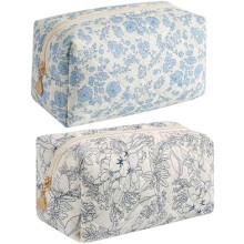 Make-uptasje met bloemenprint voor dames, cosmetisch etui met ritssluiting, draagbare toilettas – Blauwe bloemenprint + Marineblauw (geschikt voor