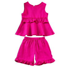 Leichte Sommersets für Mädchen, 2-teiliges Sommeroutfit, geblümtes Crop-Top und Rüschenshorts, pinkfarbenes Kinderbekleidungsset