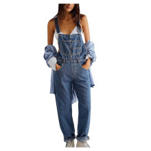 Macacão feminino Lulshou azul escuro de verão com bolsos, modelo casual com alças – perfeito para looks de verão.