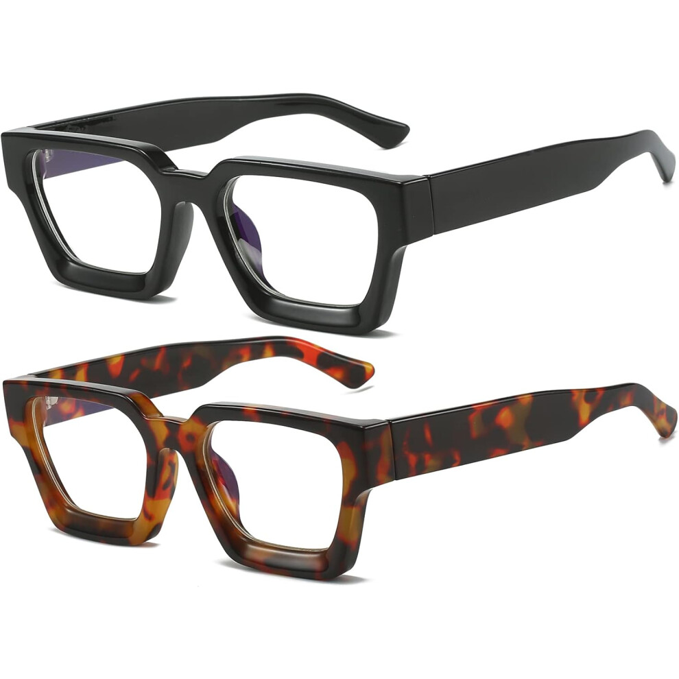 Square Thick Frame Glasses for Women Men Fashion Blue Light Glasses Trendy Chic Computer Eyeglasses (Black + Tortoise)