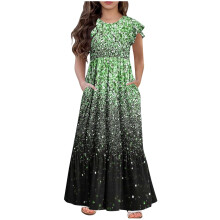 Mikilon Maxi-jurk met korte mouwen en zakken voor meisjes van 6-12 jaar, met kleurverloop, feestelijke jurk.