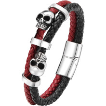 Dubbele doodskoparmbanden voor mannen, punkarmbanden van 316L roestvrij staal, skeletarmband van echt leer, gotische sieraden