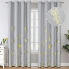 Light Grey Blackout Curtains, Thermal Insulated Grommet Drapes with Gold Palm Leaf Pattern, Room Darkening, 52"x96", 2 Panels