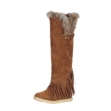 Womens Snow Boots Long Boots Slip-on Velvet Lined Warm Boots Solid Color Shoes with Tassels Flat Knee High Boots 37(US:6)