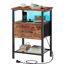 Night Stand, End Table with Charging Station, LED Bedside Table with Fabric Drawer for Bedroom, 3-Tier Side Table with Open Shelf, Rustic Brown
