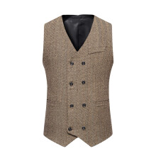 Formal Suit Vest for Men Retro Double-breasted Waistcoat with Pocket Business Vest,Coffee