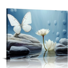 Tableau mural en toile Zen Stone : Fleur blanche et papillon bleu sur un lac – Décoration moderne et spirituelle pour spa et yoga, 40 x 30 cm,