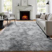 Abstract shaggy area rug 4'x6' light grey tie-dye