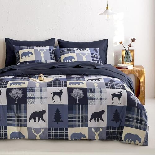 Rustic Duvet Cover Set Blue Beige Queen 3-Piece