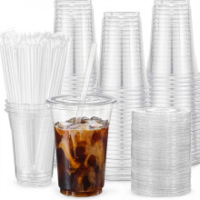 CheAAlet100 vasos desechables de 360 ml para té con leche con tapas y pajitas, vasos de plástico a prueba de fugas para bebidas frías –