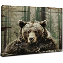 Tableau sur toile représentant un ours grizzly brun, impression vintage sur la faune forestière, 51 x 41 cm – Décoration rustique pour ferme et