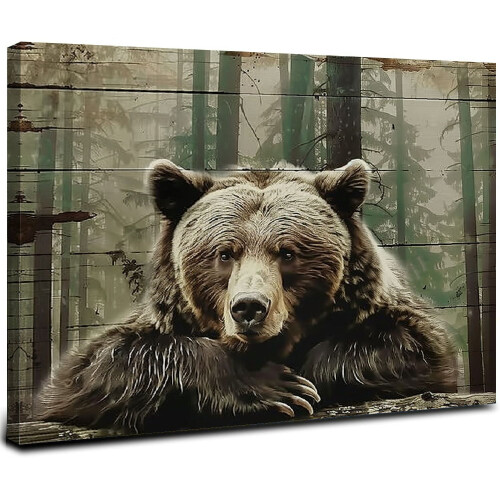 Καφέ αρκούδα Grizzly σε καμβά, Vintage εκτύπωση άγριας ζωής στο δάσος, 20x16 ίντσες –