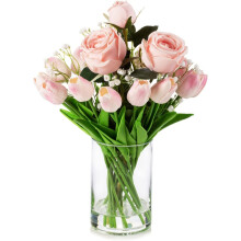 Fiori artificiali misti di rose rosa in seta e tulipani "effetto realistico" in vaso di vetro con acqua finta – Centrotavola per matrimoni ed