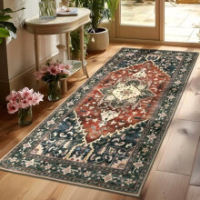 Tapis de couloir lavable 90 x 180 cm, antidérapant, style bohème vintage, avec envers en caoutchouc, en fausse laine à poils courts et aspect