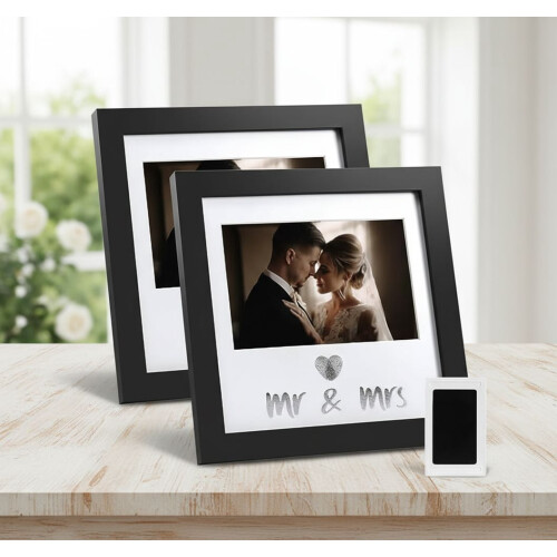 Heart Thumbprint Keepsake Frame 2-Pack + Ink Kit – Wedding Gift for Bride, Newlywed (Black Frame, Silver Text)