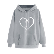 Damhuvtröja med hjärtmönster och dragsko, rund hals, Athleisure-tröja för alla hjärtans dag, grå, XXL