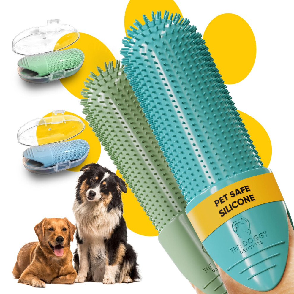 THE DOGGY DENTISTS Dog & Cat Finger Toothbrush Pack (2) â 360 Silicone Pet Toothbrush with Protective Case â Perfect for Puppies, Tartar Removal
