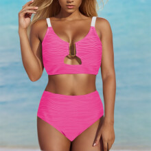 Dames 2-delige bikini set met V-hals en uitsnijdingen, hoog model, getextureerd en geplooid badpak met buikcorrectie – zomer strandkleding 2025