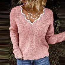 Suéter feminino de tricô com decote em V, blusa casual feminina de manga comprida para outono e inverno.