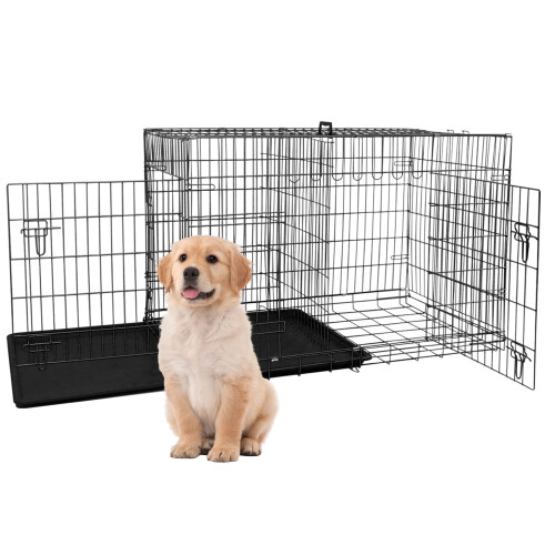 Gaiola dobrável para cães de porte médio, 76 cm (30 polegadas), para uso interno, com divisória e porta dupla. Cor: Preta.