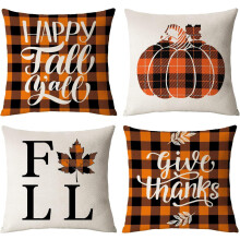 Lot de 4 housses de coussin 50x50 cm – Motifs à carreaux, citrouilles et feuilles, décoration de Thanksgiving, compatibles avec les coussins