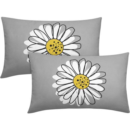 Conjunto de 2 capas de almofada com estampa de margaridas em amarelo e branco, 30x50cm (12x20 polegadas).
