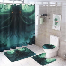 Zestaw zasłon prysznicowych Dead Cthulhu Waits Dreaming, 4 elementy, dywaniki i osłona na deskę sedesową – wystrój łazienki