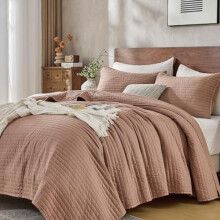 Juego de ropa de cama Queen con fundas de almohada, edredón ligero y suave con acabado vintage, rayas de microfibra cepillada, color rosa desierto,