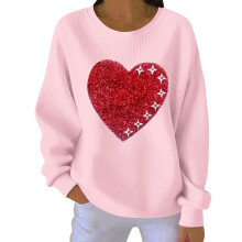 Damen-Sweatshirt mit Herzmotiv zum Valentinstag, gerippt, Rundhalsausschnitt, lang