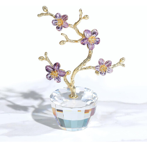 Lilla plommeblomst krystallfigur med gullstilk, 1 stk.