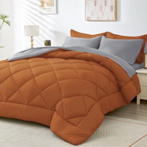 Queen Comforter Set Ultra Soft Orange Light Grey 7-Piece