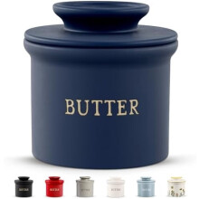 Ceramic French Butter Crock with Lid, Soft Spreadable Butter Keeper for Counter – Navy, Christmas Gift (Compatible with Water Line)